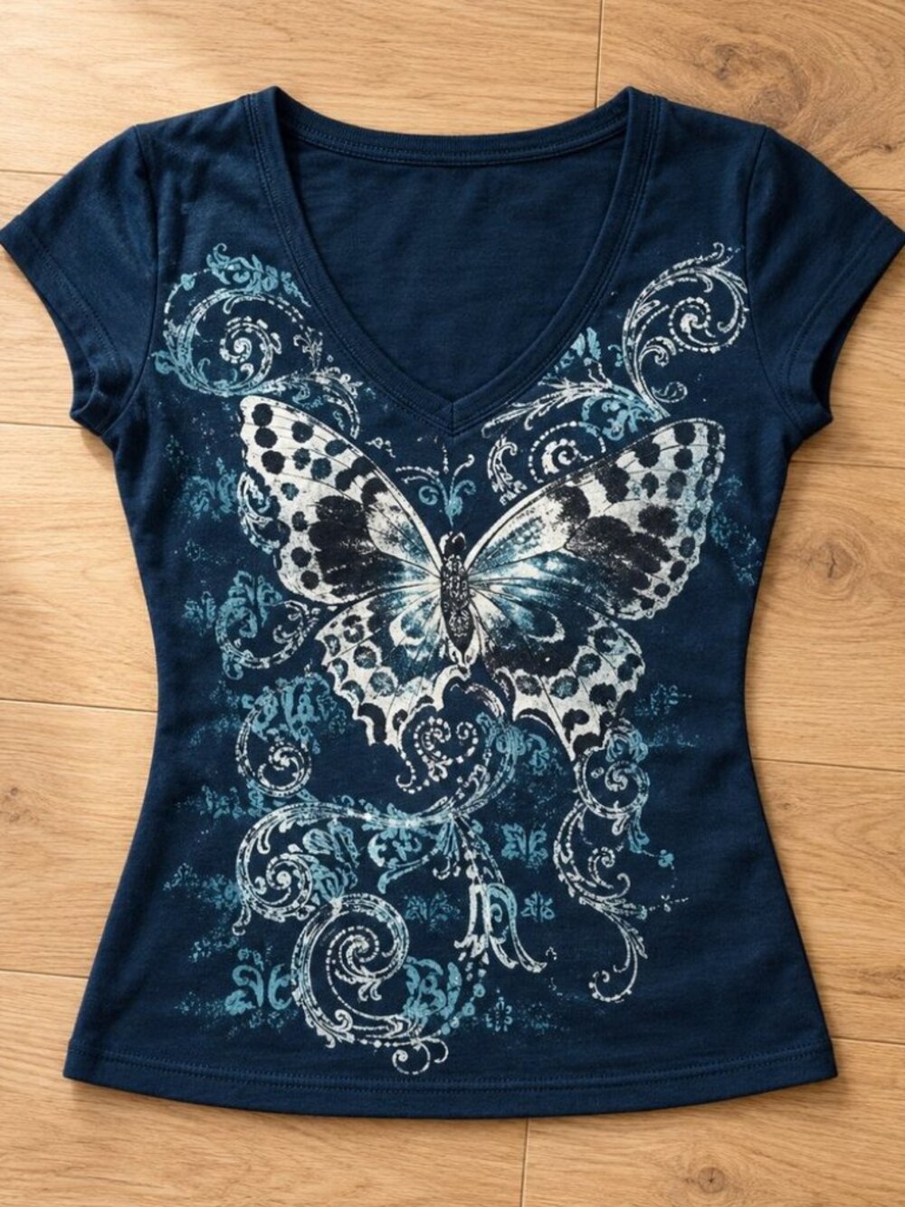 Navy butterfly graphic v neck baby tee - y2k fairy grunge tee